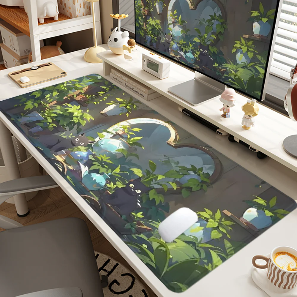 Black Cat Mouse Pad Cartoon Design Large Desk Accessories Desk Pad Rubber Base with Stitched Edge Mousepad Non-Slip Deskpad