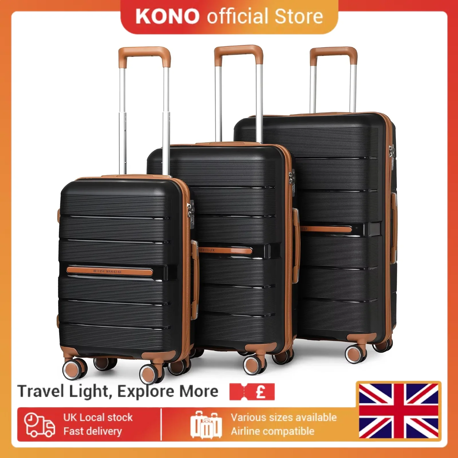 Juego de maletas de carcasa dura ligera para viaje, maletas de color negro con bloqueo TSA, ruedas giratorias, 20 ", 24", 28"