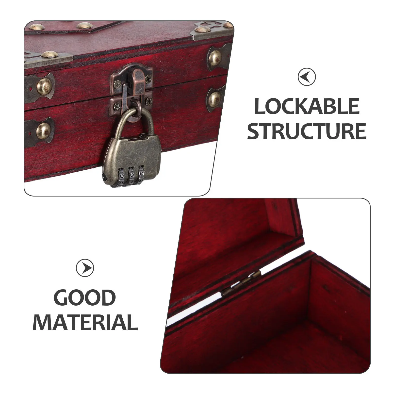 Vintage Rustic Wooden Trinket Box Red Finish with 3-Digit Combination Lock and Hinged Lid for Jewelry Keepsakes