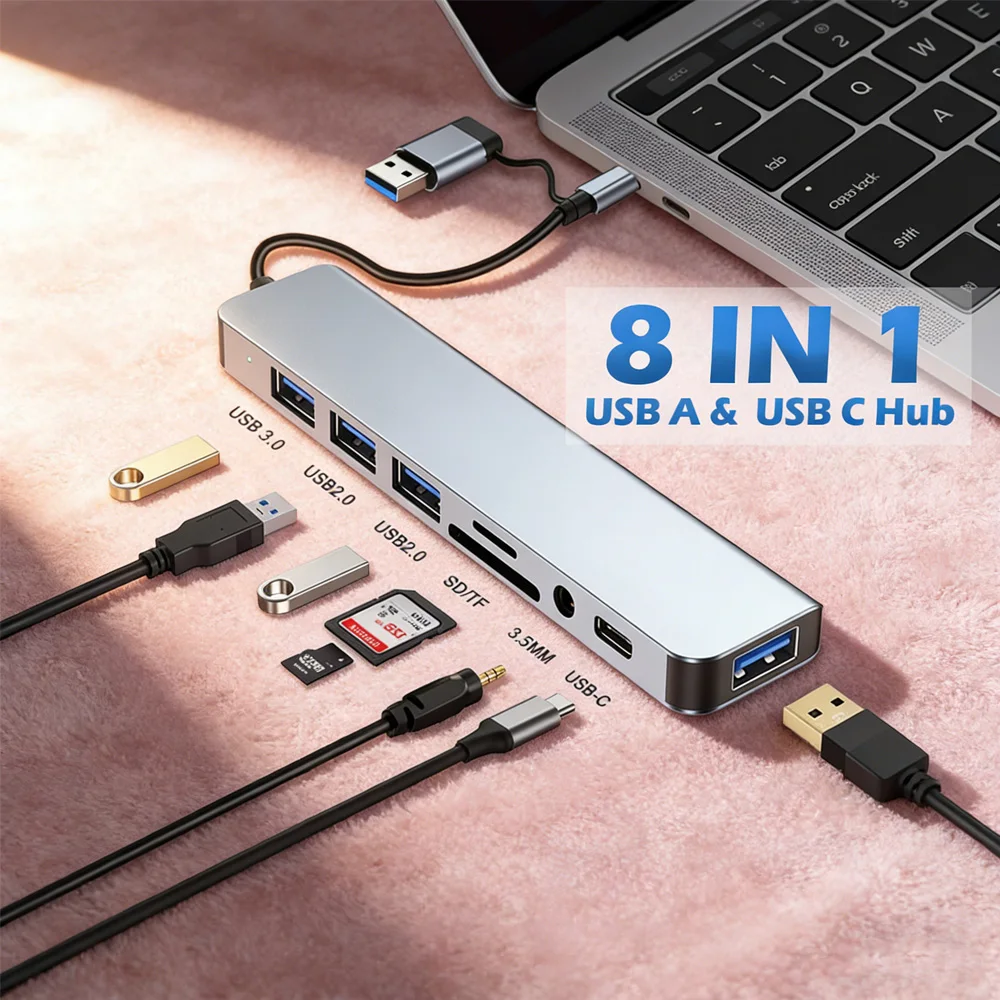 

Многофункциональный USB-C хаб-адаптер 8-в-1 с двумя разъемами – док-станция USB-C и USB-A 3.0/2.0, кардридер SD/TF, быстрая передача данных 5 Гбит/с