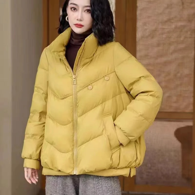 

Loose Fit White Du down Puffer Jaet Double Button Stand Collar Bread Sle Anti-Aging Winter New Arrival Women's Coat