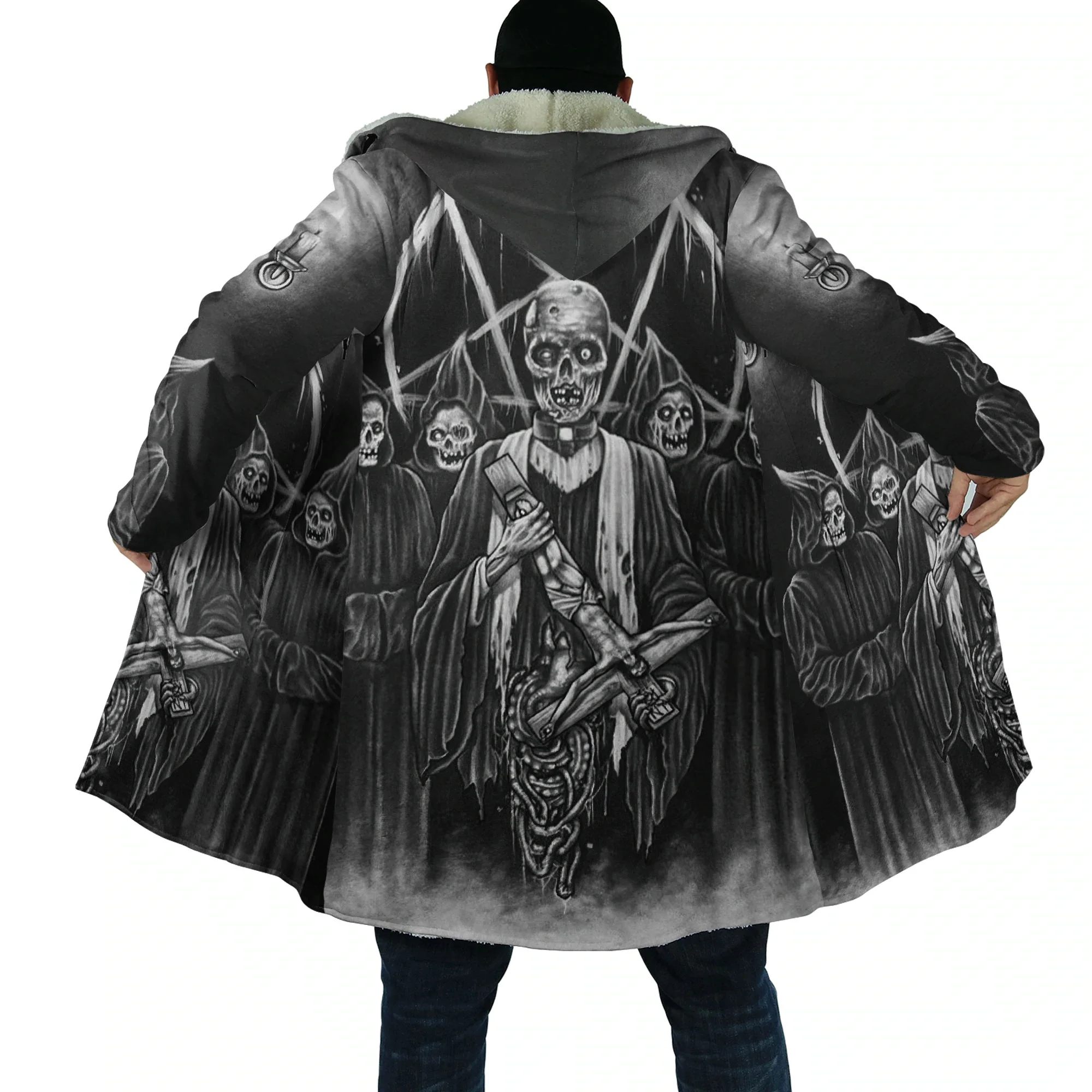 Winter Fashion Hooded Cloak Reaper Skull Tattoo3D Printed Men's Wool Hooded Cloak Unisex Casual Thick Warm Hooded Cloak Coat