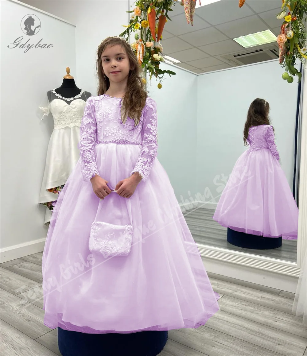 Abito da ragazza di fiore bianco carino a maniche lunghe in pizzo con cintura in rilievo girocollo per abito da cena per festa di compleanno per bambini