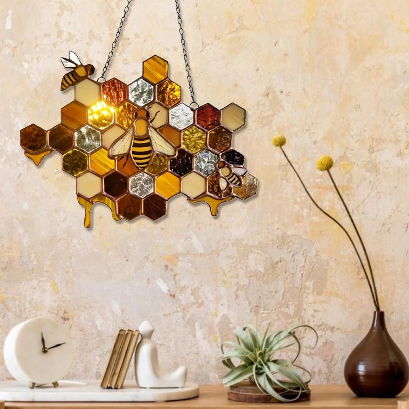 Home Decor Bee Honey Hanging Honeycomb Wall Hanging Suncatcher Stained Hanging Decorations Art Garden Ornament Wall Decoration