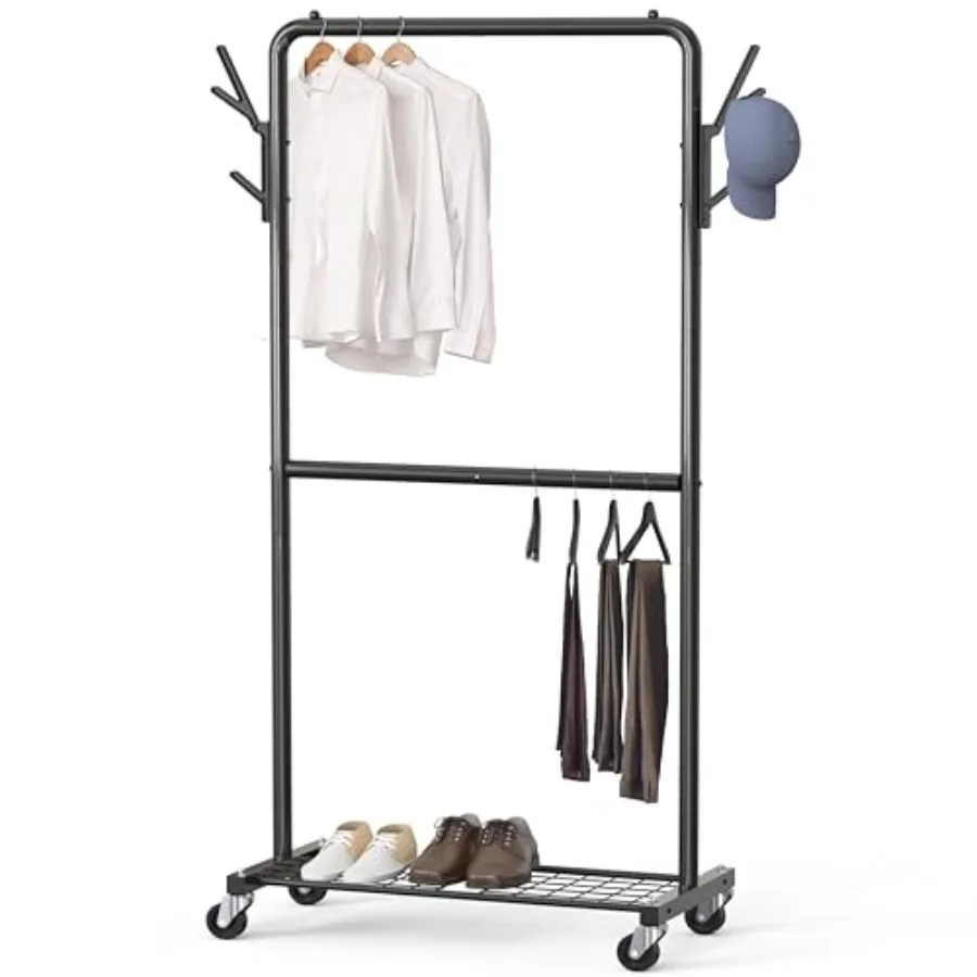 

Double Rod Garment Rack with Wheels and Hooks Black