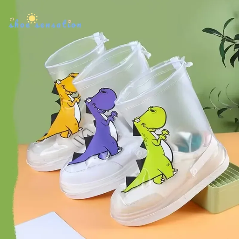 

Kids Cartoon Dinosaur Waterproof Shoes Overshoes Galoshes Child Zipper Non-slip Elastic Rain Shoes Cover for Outdoor Rain Boot