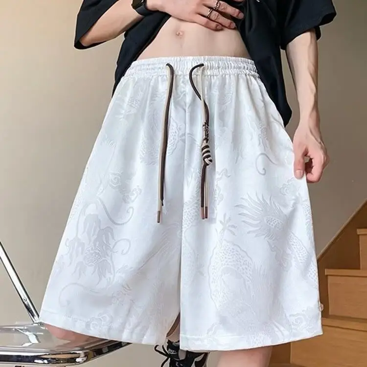 

Китайский стиль, узор дракона, жаккардовые шорты из ледяного шелка, мужской летний модный бренд, красивые, высококачественные брюки с пятью точками