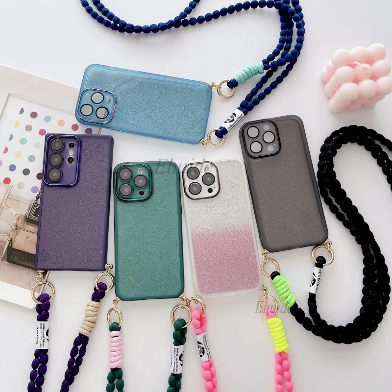 Crossbody Strap Case For Samsung Galaxy S24 Ultra S21 S20 S23 FE S22 Plus Note 20 A55 Glitter Neck Plush Lanyard Rope Soft Cover