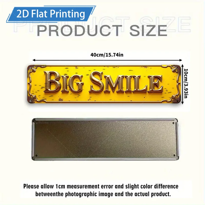 [2D FLAT] قطعة واحدة من اللافتات المعدنية، مقاس 4 × 16 بوصة باللون الأصفر القديم "BIG SMILE" علامة معدنية لتزيين الحائط