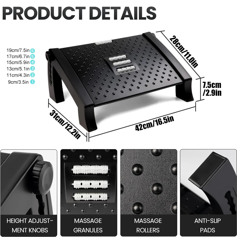 Portability Foot Rest Under Desk Footrest Ergonomic Foot Stool with Massage Rollers Foot Rest for Home Office Work