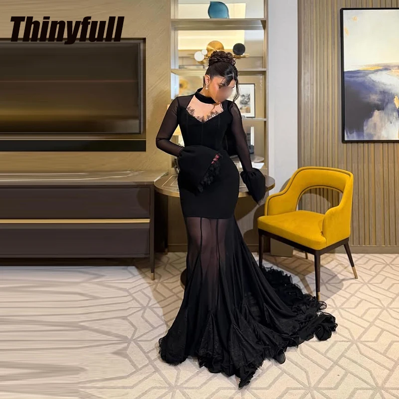 

Thinyfull Mermaid Arab Prom Dresses Full Sleeves Satin/Lace Evening Party Gown Long Formal Dress robes de soirée Customized
