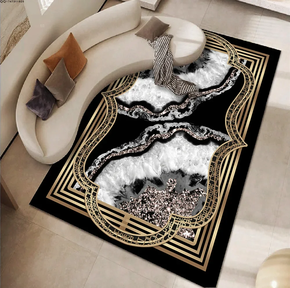 Luxury Black White Agate Geode Area Rug Gold Crystal Texture Carpet For Living Room Modern Abstract Bedroom Non-Slip Floor Mat