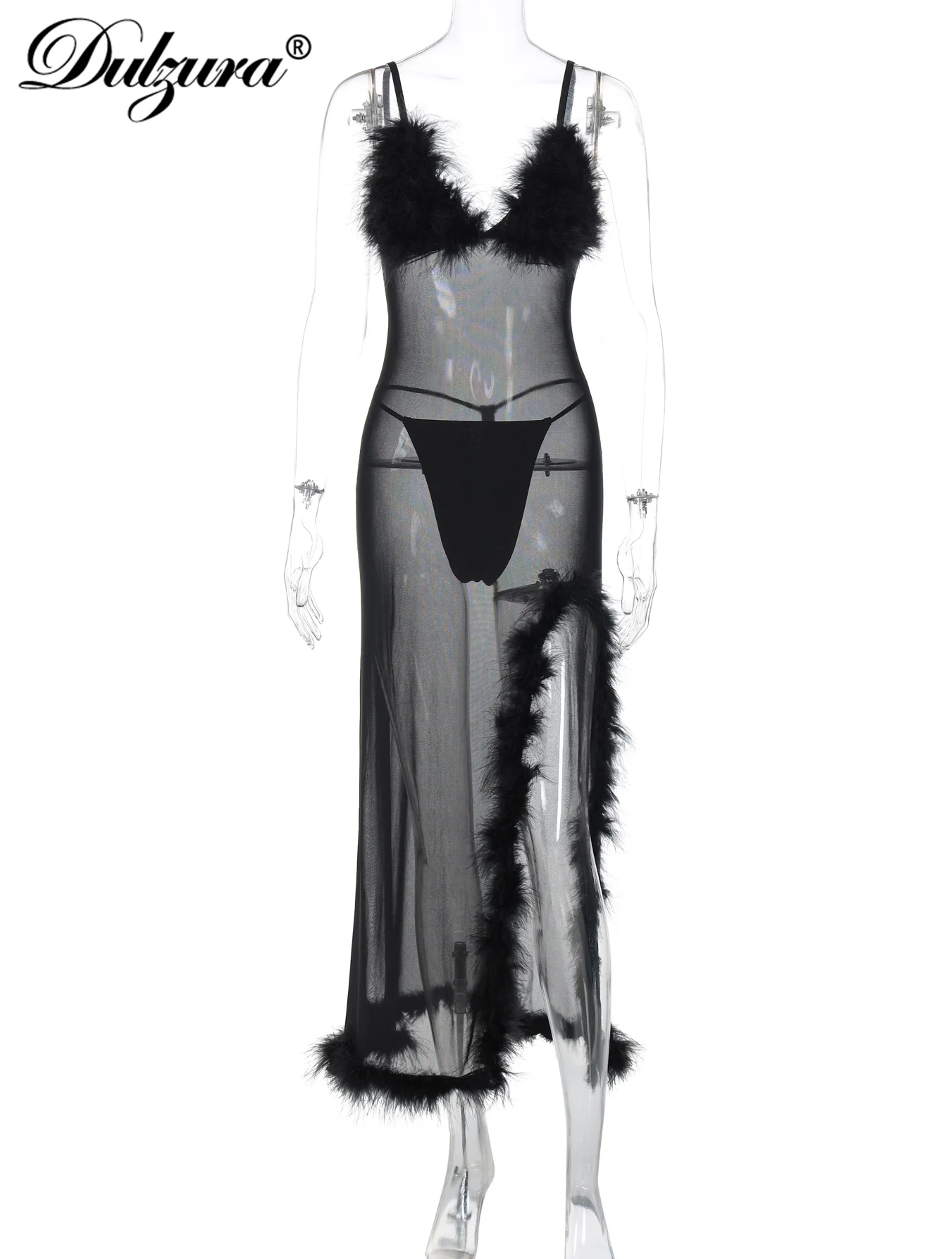 Dulzura dames effen sexy elegante 2-delige jurkset namaakbont pure mesh zijsplit maxi cami-jurk ondergoed bijpassende set feest