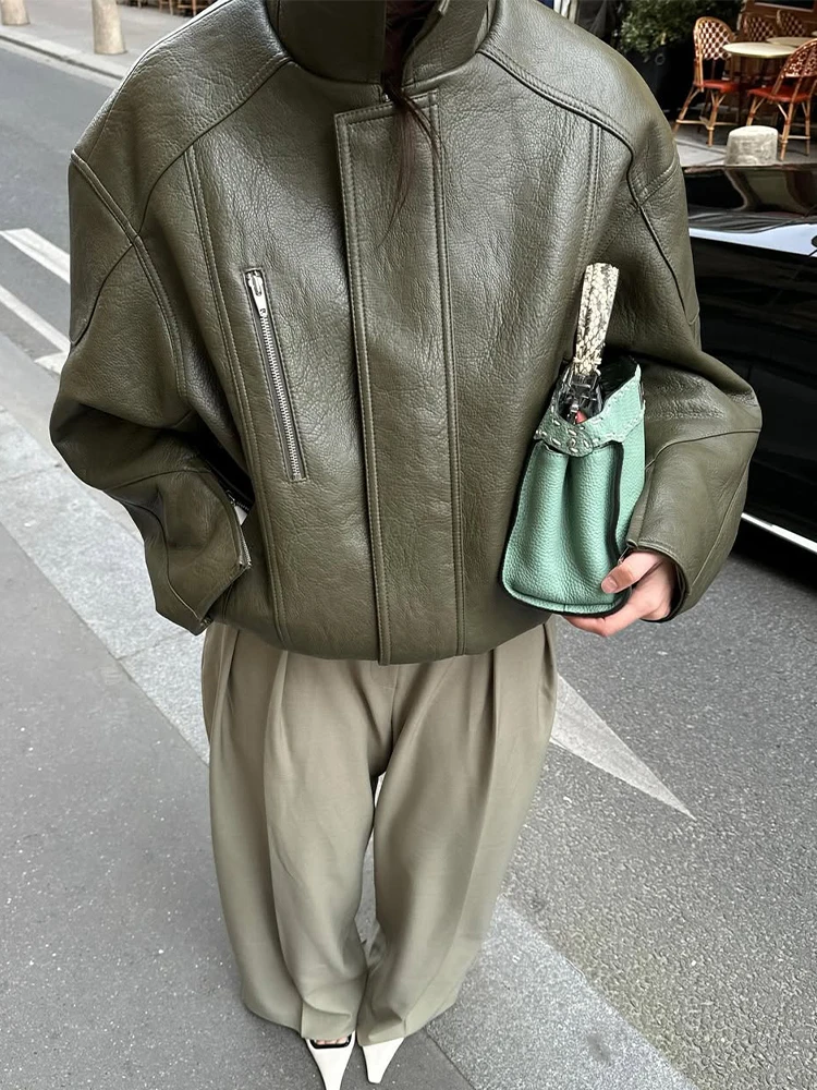 Green Zipper Leather Jacket Women Casual Stand Coller Long Sleeve Loose Coat Chic 2025 Lady Autumn Outerwear Daily Street Coats