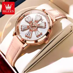 OLEVS 5579 New In Rotation Dial Quartz Watch for Women Leather Strap Fashion Elegant Ladies Wristwatches Luxury Girls Dress Set