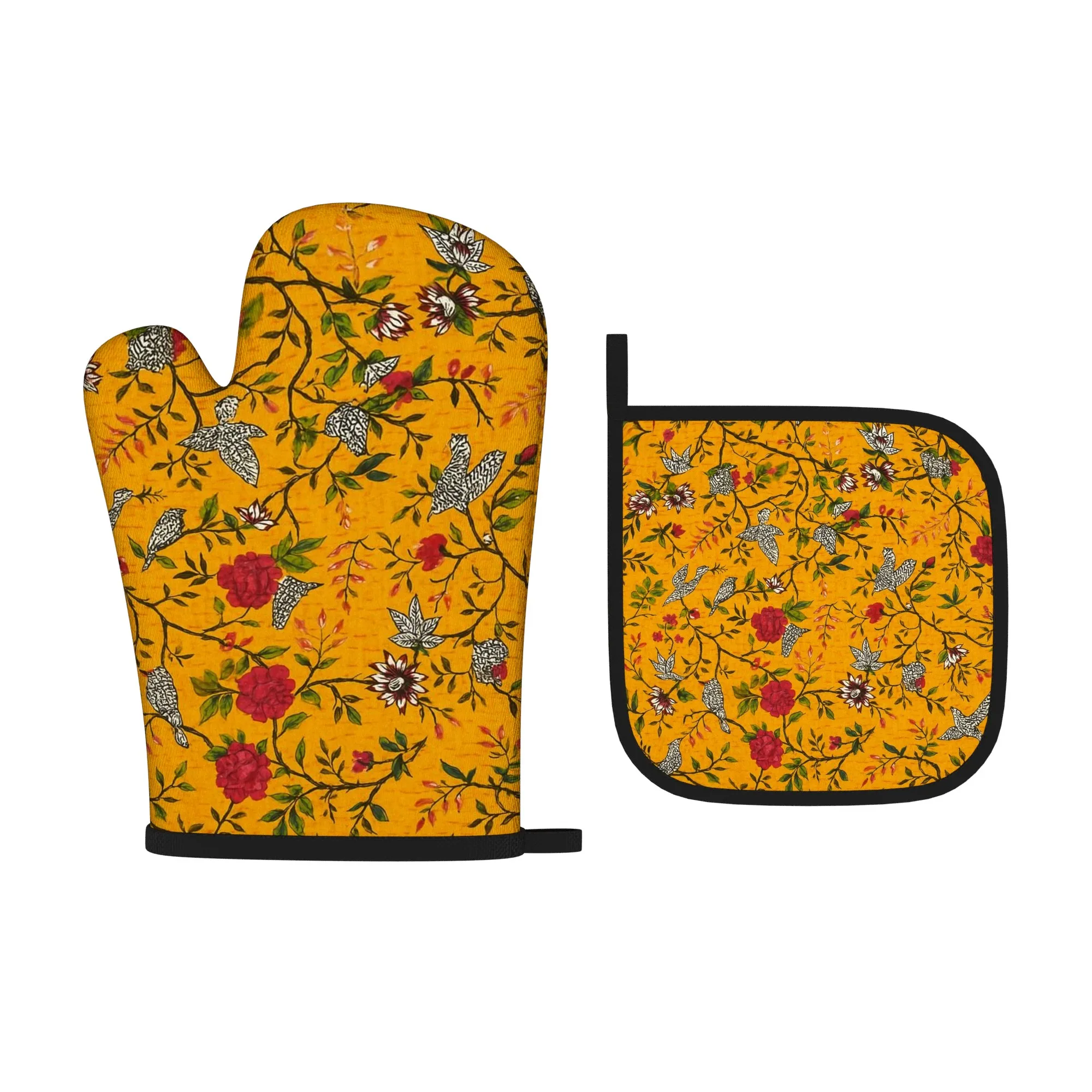 2pcs 10.6*6.7 Inch Oven Mitts And Pot Holders Heat Map Flowers Yellow Heat Resistant Oven Mitts And Pot Holders Sets