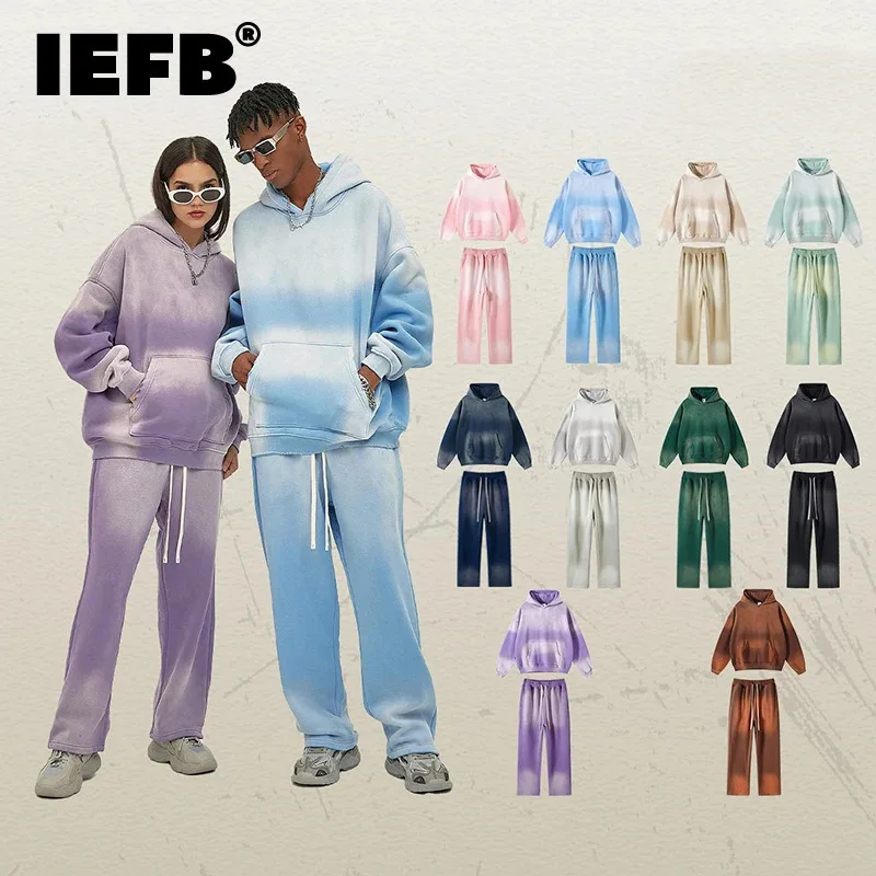 IEFB Washed Male Hoodies Two Piece Set Thickened Tie-dyed Men Wear Hooded Sweatshirt Straight Sweatpants Suit American 9W117