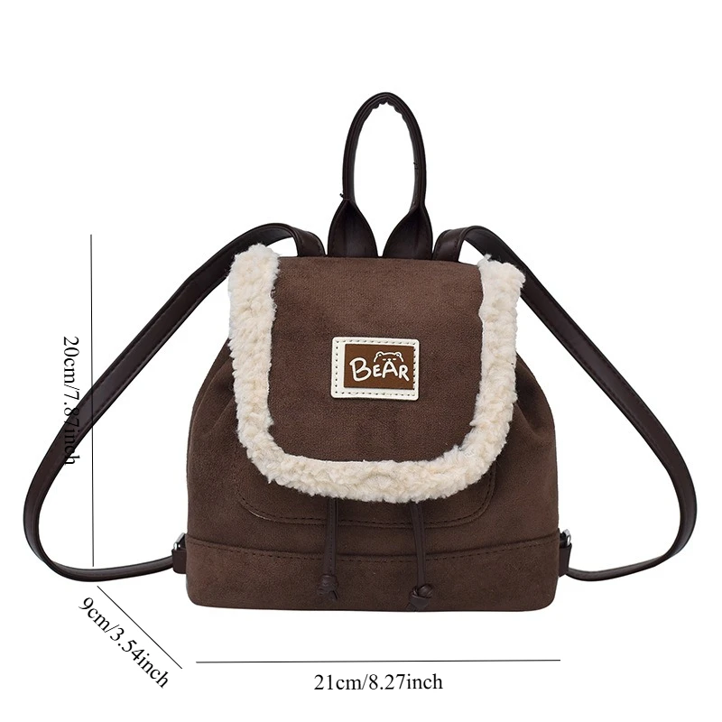Cute Retro Faux Suede Backpack for Women New Versatile Casual Commuting Bag Drawstring Portable Contrasting Color Schoolbag