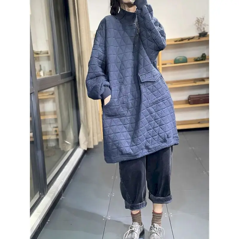 Quilted Pullovers Coat Women Fashion Diamond Check Mid-length Pullover Autumn Winter Trend Vintage Tops Thickened Cotton Coats