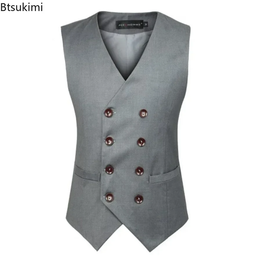 2025 Men's Slim Waistcoat Vest Spring Autumn Solid Double Breasted Oversized Suit Vest Men Formal Blazer Vest Wedding Party Tops