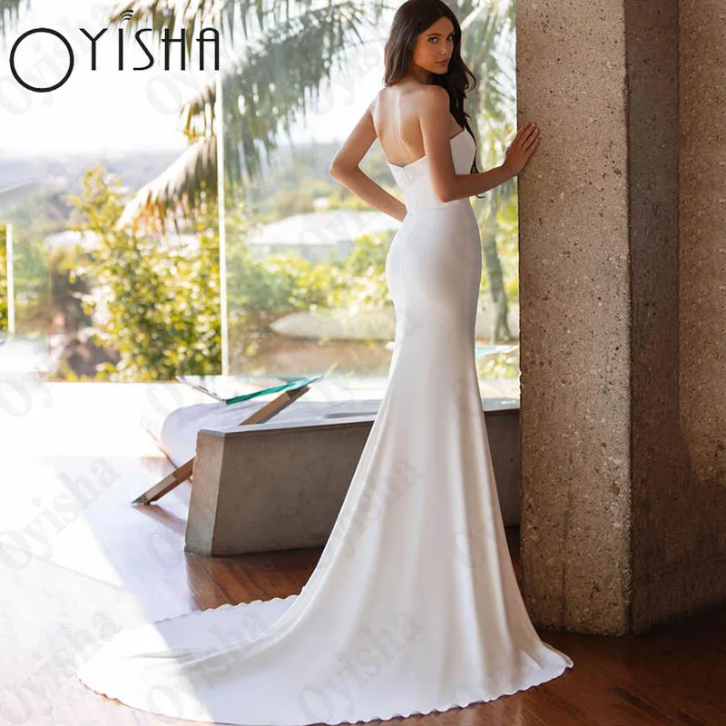 Oyisha elegante senza spalline in raso festa della sposa senza maniche aperto indietro abito da sposa per le donne semplice sirena Vestido Novia su misura Elegante senza spalline Raso Sposa Partito senza maniche Abito