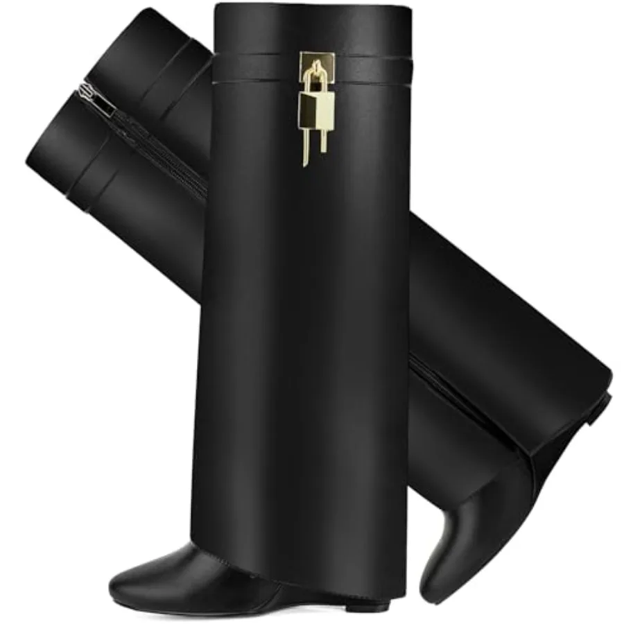 

Fold Over Boots for Women Pointy Pull-on Wedge Heel Knee Shark Boot With Side Zipper Padlock Design