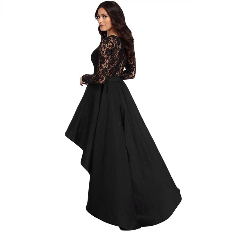 Neue Frühjahr Elegante Kleider für Frauen Lange Hülse Spitze High Low Satin Prom Abendkleid Cocktail Party Kleider Vestido Feminino