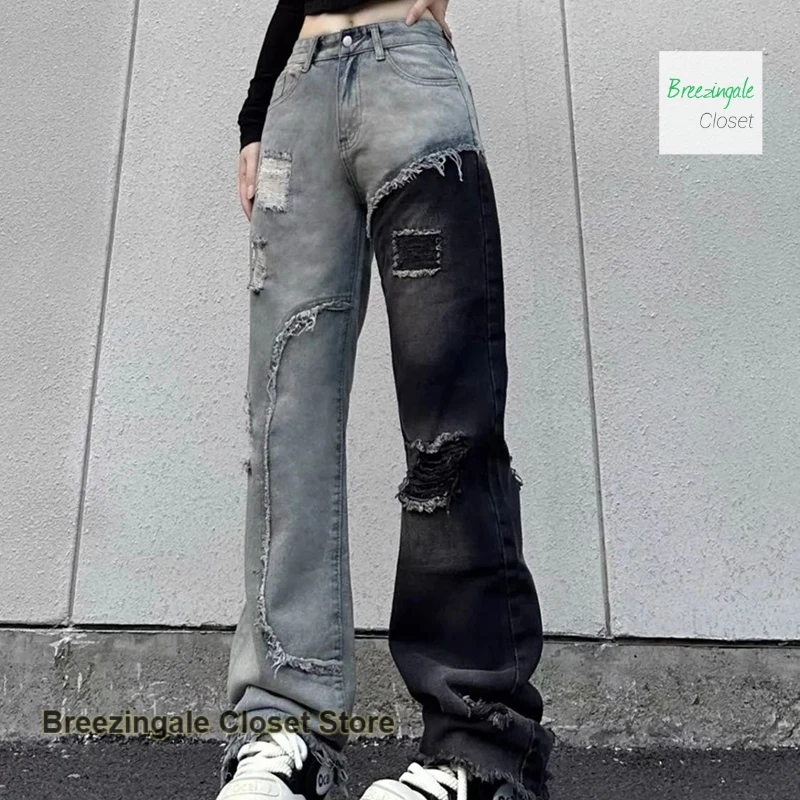 Retro-Nähte Jeans im amerikanischen Stil mit Löchern in Kontrastfarbe, gerade Damen-Herbst- und Wintermode-High-Street-Hosen