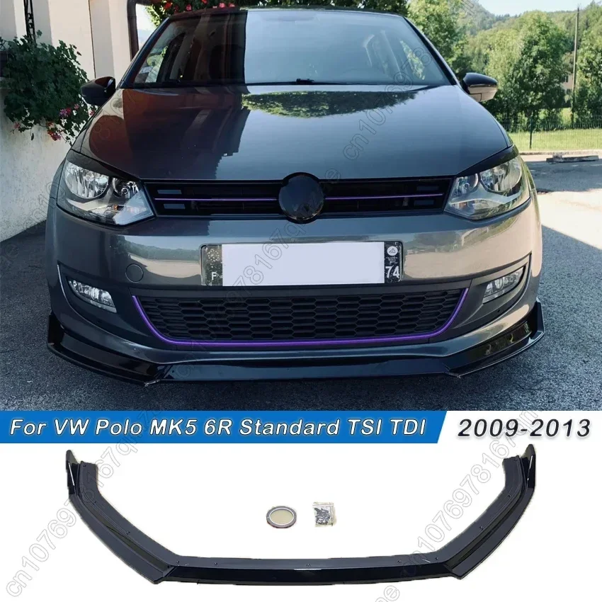 For VW Polo MK5 6R Standard Pre‑Facelift 2009-2013 Pcs Front Bumper Lip Spoiler Splitter Diffuser Separator Bodykits Gloss Black