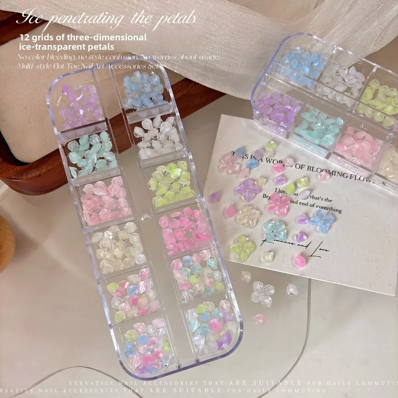 LYLE Ins 3D Mini 12 Grids Ice Transparent Petal Nail Charms Icy Crystal Five Petal Flower Spliced Nail Art Decorations