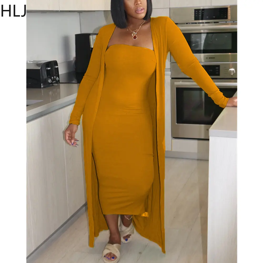 HLJ Casual Off Shoulder Bodycon Dress And Long Sleeve Cardigan Coats Women Solid Color Matching 2pcs Outfits Female Tracksuits