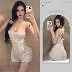 Pure desire backless floral suspender jumpsuit women's summer slim fit niche casual pants home wear comfortable A-line shorts