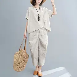 女性用リネンとコットンのカジュアルスーツ,夏服,不規則な半袖Tシャツ,バギーパンツ,2枚セット