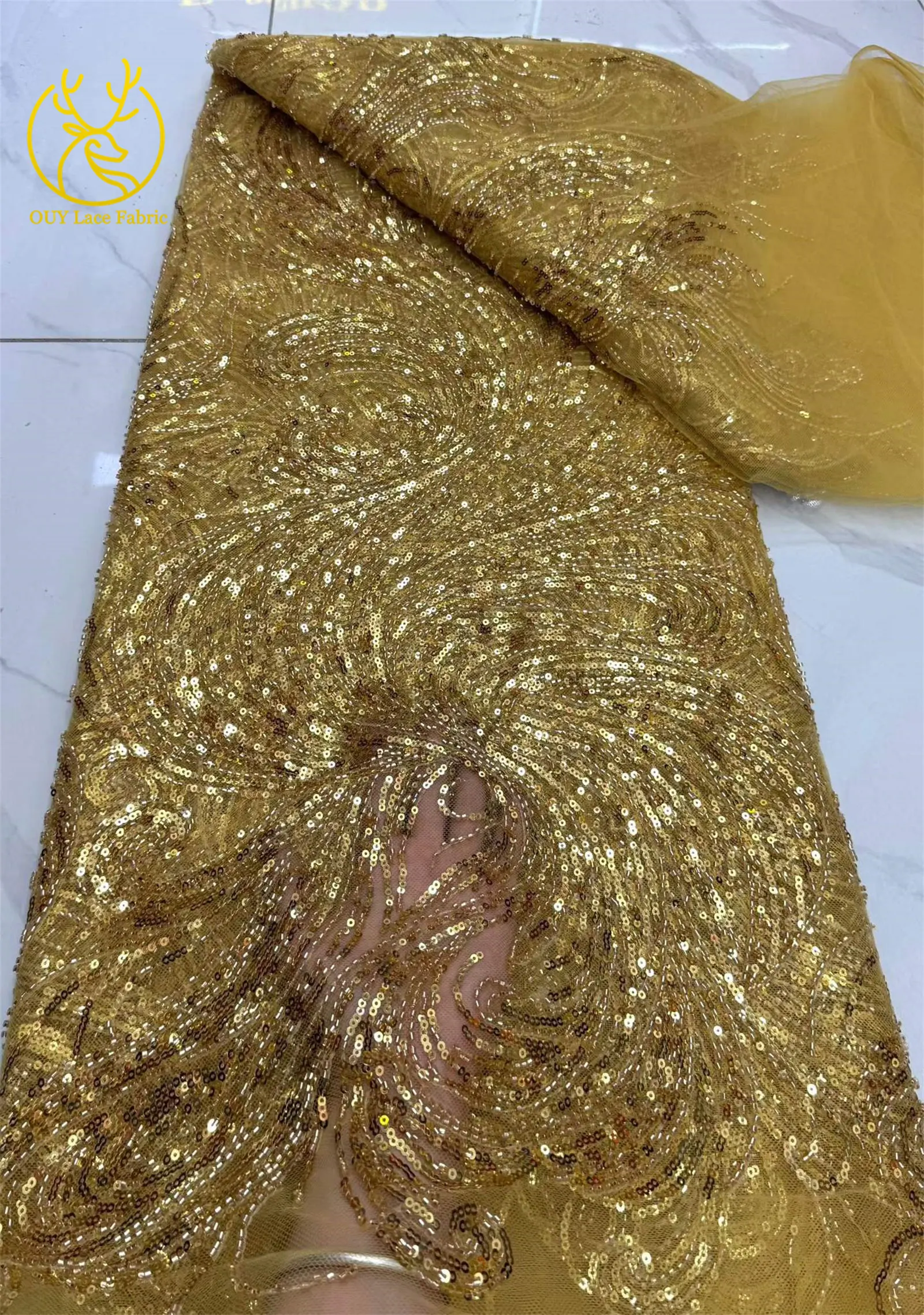 2026 Afrikanischer Perlen-Tüll-Spitzenstoff, 5 Yards, grün, hochwertige französische nigerianische Pailletten-Spitze für Party- und Abendkleider zum Nähen – Detail 17