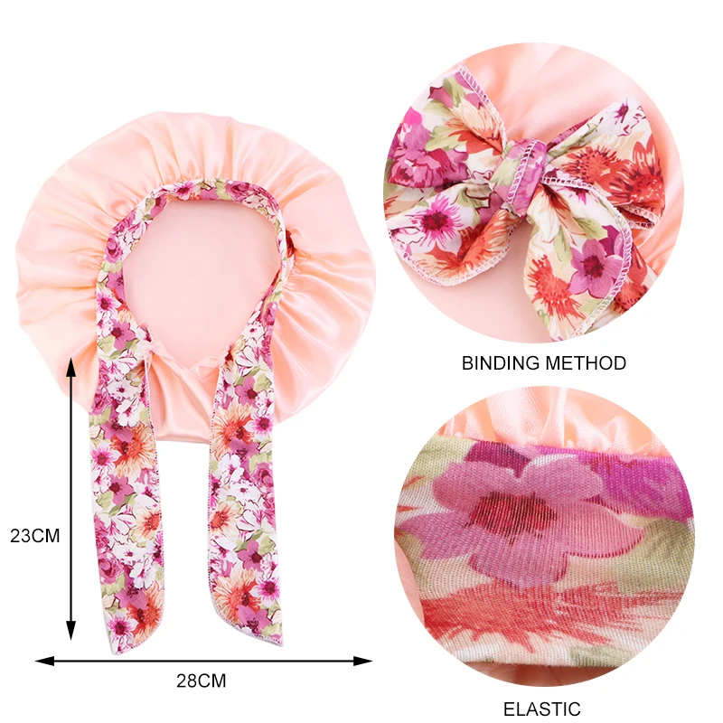 2PCS/LOT Elastic Kids Silky Satin Bonnet Cap Sleeping Hat Night Sleep Baotou Cap Cute Bow Hair Care Nightcap Bonnet Turban