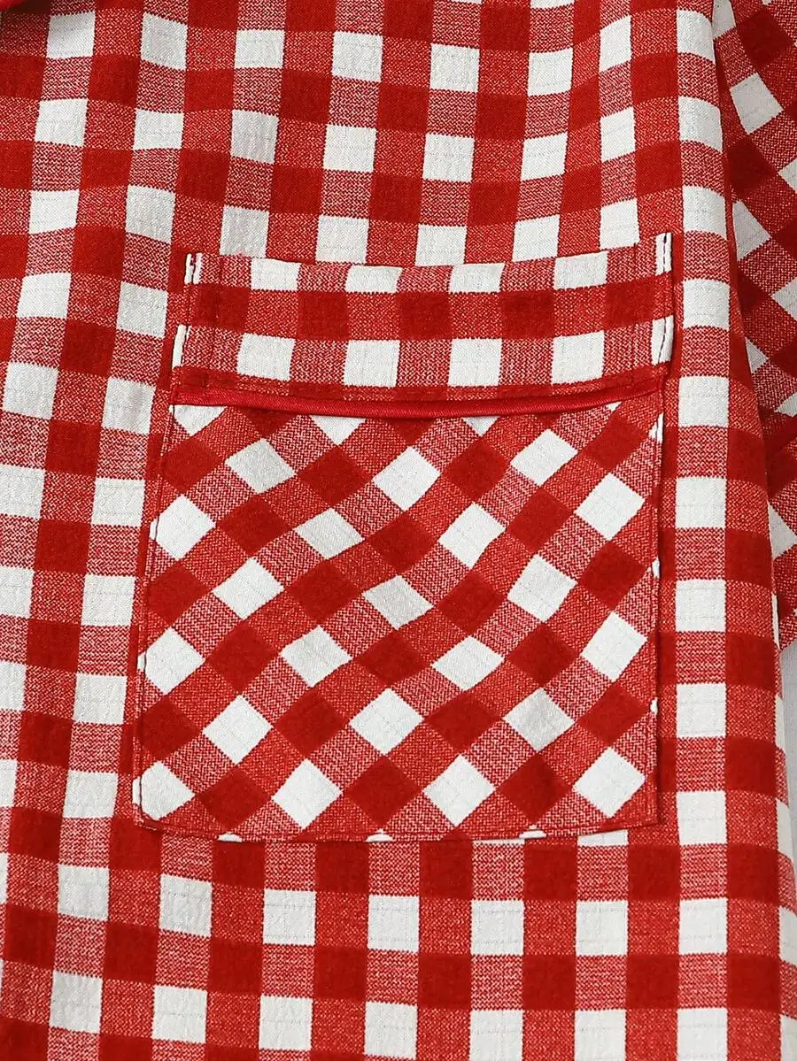 Women Plaid Print Short Sleeve Button Collar Pajama Set Summer Sleepwear