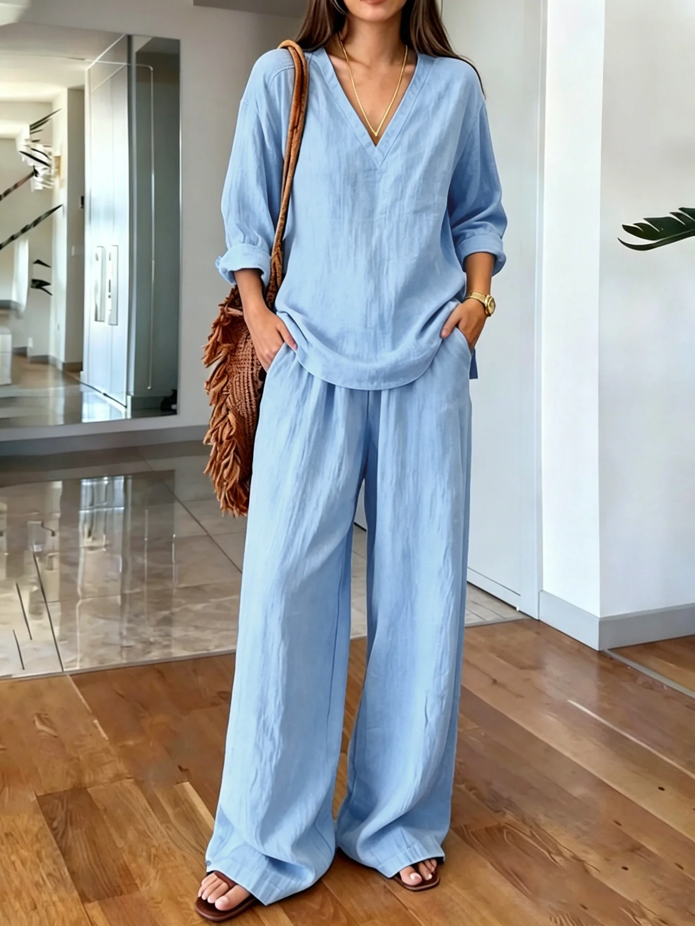 Women's Casual V-Neck Pullover Long Sleeve Pants Set Comfortable Two-Piece Outfit for Spring Autumn Winter