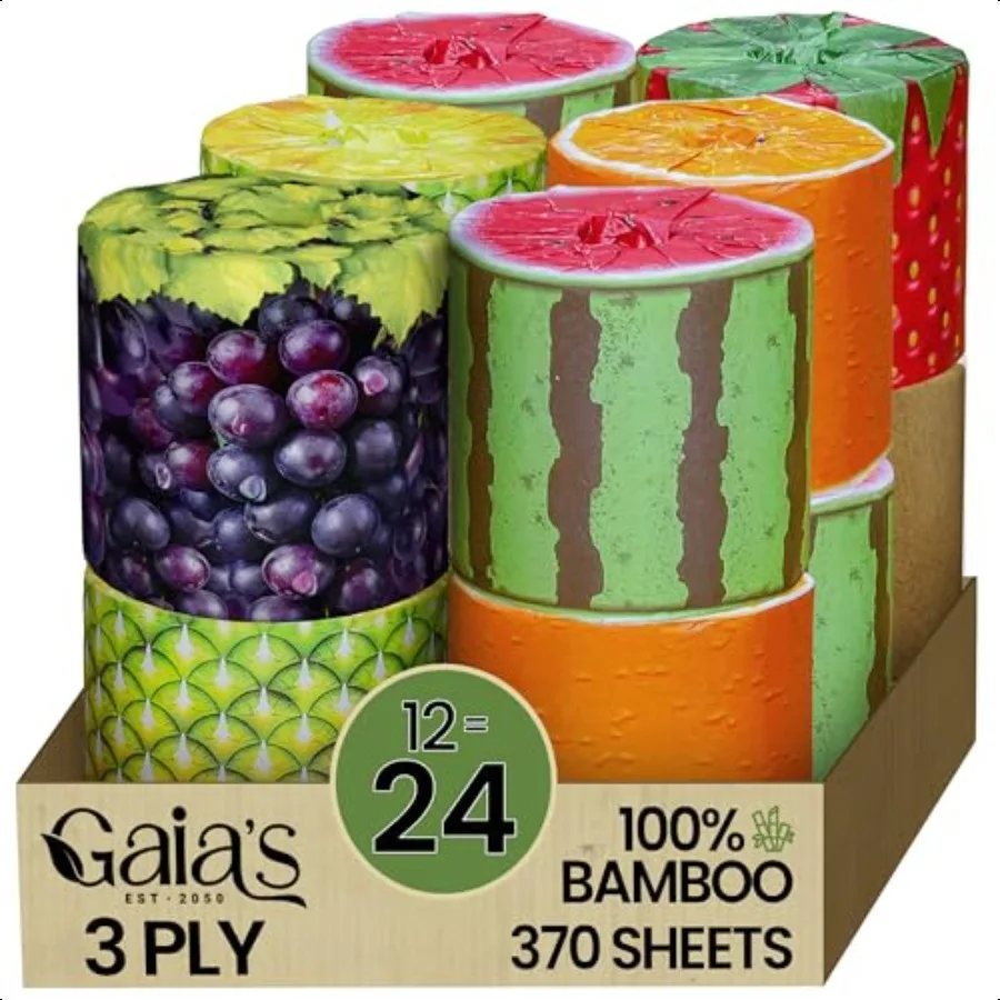 

Gaias Premium and Soft Fruit TP Organic Bamboo Toilet Paper 12 Mega Rolls 3 Ply 370 Sheets FSC Certified PFAS BPA Free EcoFrien