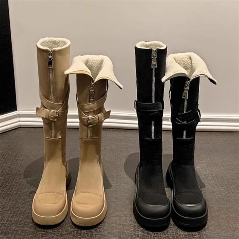 New British Style Winter Snow Long Boots Women Plush Thick Sole Belt Buckle Youth Student Knee-High Modern Shoes Female