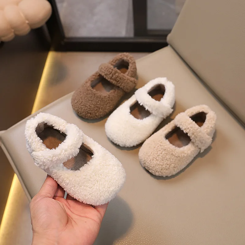 

21-30 Baby Shoes Furry Cover Toe Light Warm Shoes for Kids Plush Leisure Comfortable Shoes Children Winter Home Casual Shoes