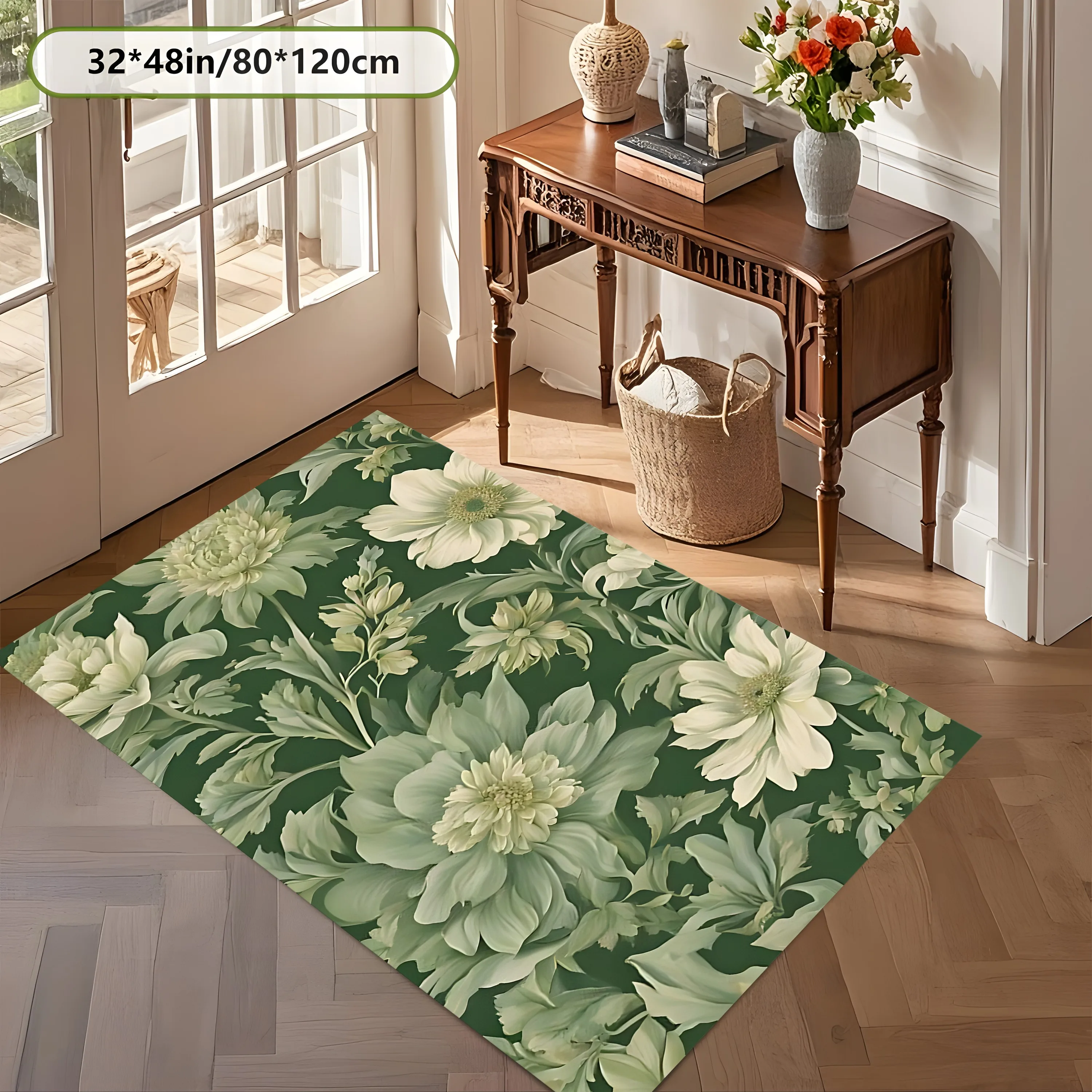 2D Carpet with Dark Green Background and Milk White Flower Clusters in French Retro Style for Living Room, Bedroom, and Bedside
