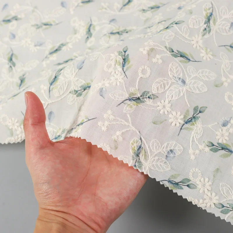 

100% cotton 3D embroidered floral green floral jacquard fabric for children's and women's clothing decorative sewing fabric