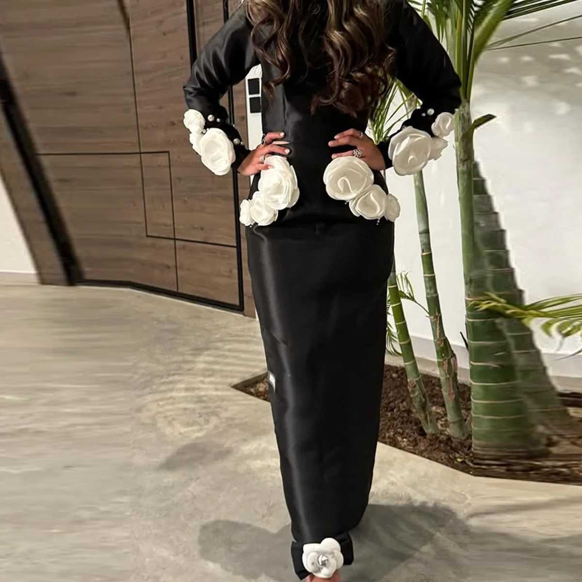 

Черно-белые вечерние платья с длинными рукавами и 3d цветами ручной работы с длинными рукавами, платье для выпускного вечера длиной до пола, вечернее платье