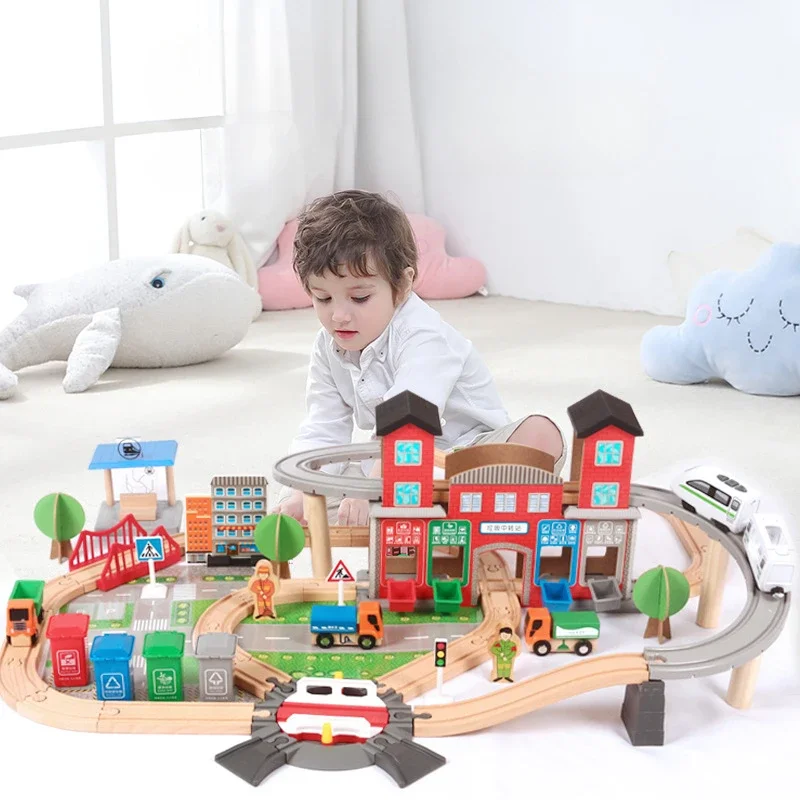 

Montessori Education Children's Toys 139pcs Wooden Puzzle Rail Train Building Blocks Set Diy Miniature Accessories Board Games