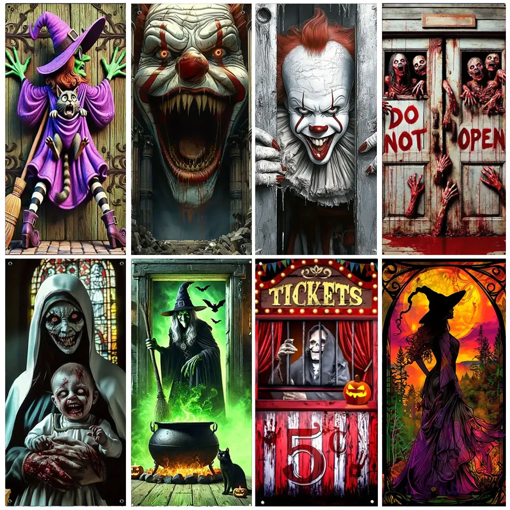 

Terrifying Halloween Party Decoration Witch Zombie Background Ghosts Joker Super Horror Photo Studio Backdrop Door Hanging Banne
