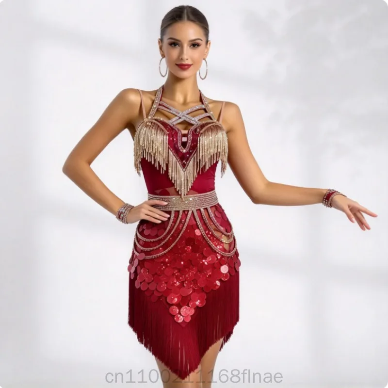 New Latin Dance Competition Dress Adult and Children's Competition Dress Full of Diamond Sequins Super Flash Short Dance Dress
