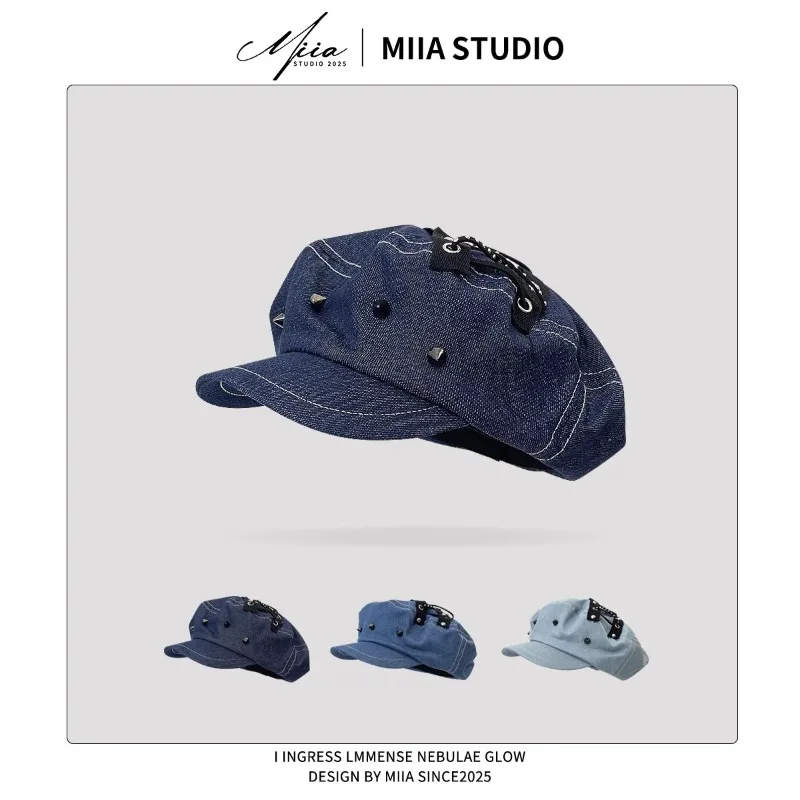 

Personalized Rivet Cross Strap Design Denim Newsboy Hats for Women Summer Autumn Street Trend Versatile Punk Style Y2K Berets