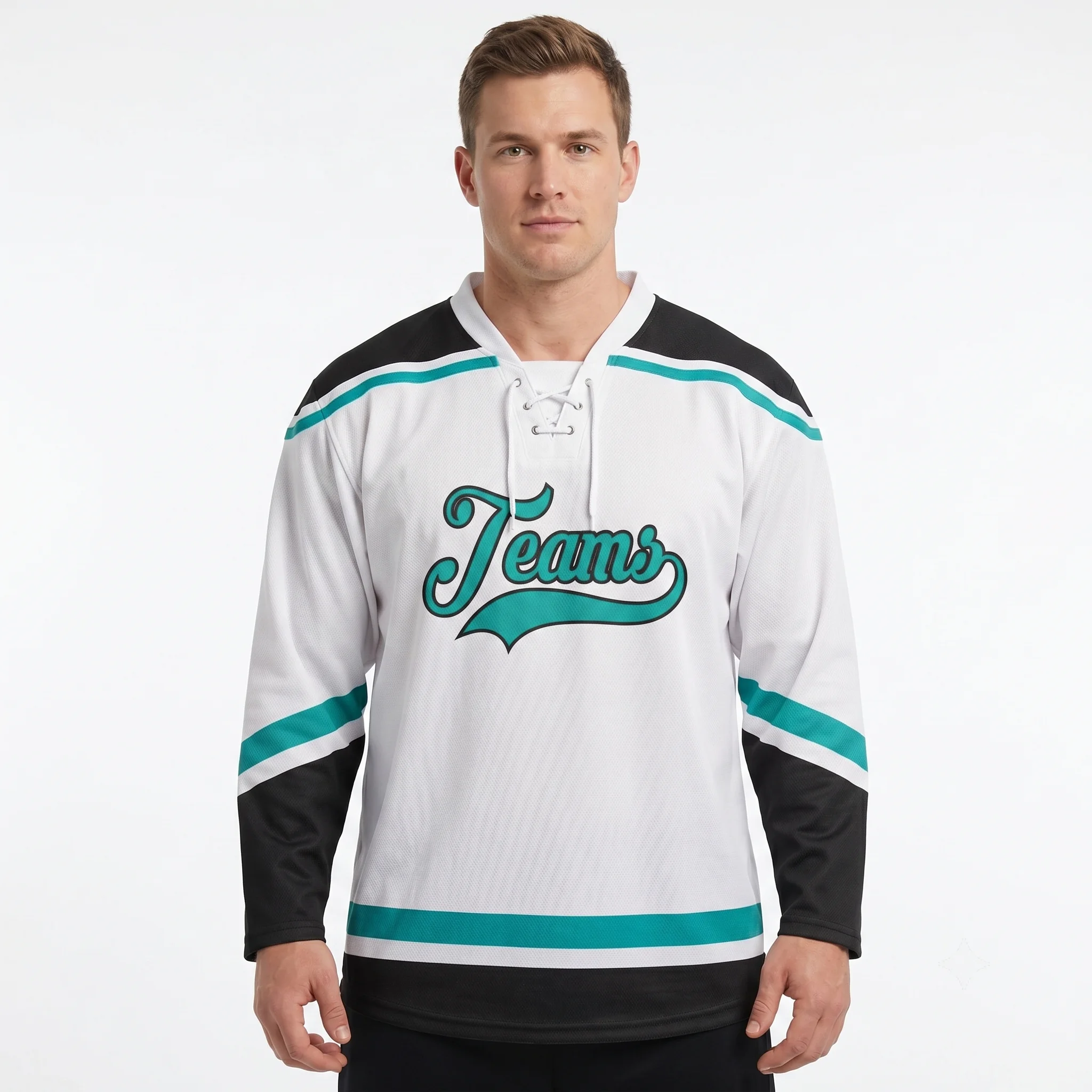 Jersey de hockey personalizado con nombre impreso en 3D para hombre, camiseta blanca, azul agua y negra con cuello de encaje, sudadera informal unisex de verano a la moda, BQ-34