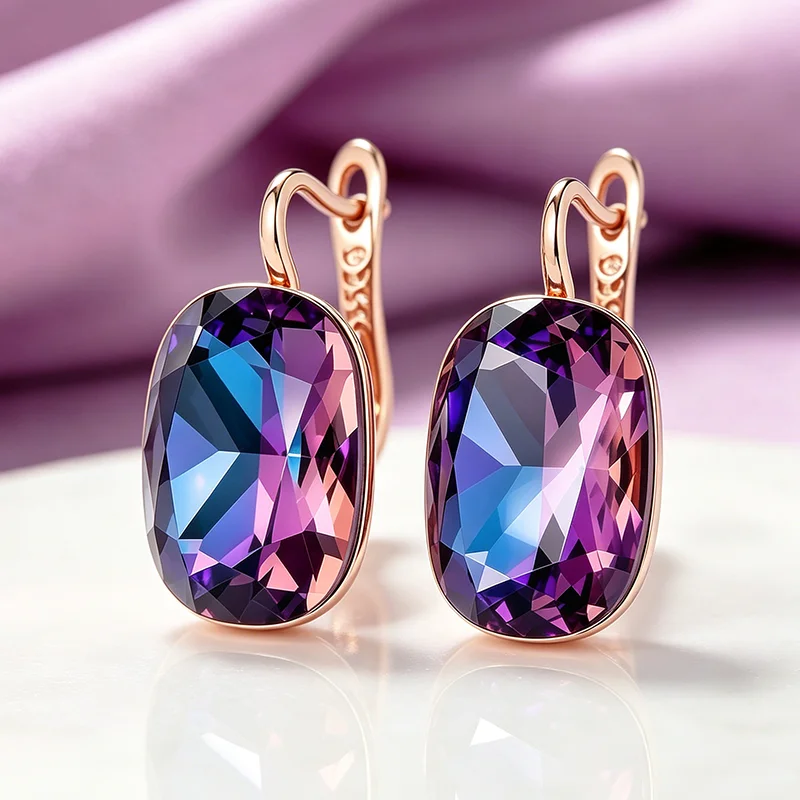 Wbmqda Einzigartige lila-blaue Farbverlaufs-Stein-Ohrhänger für Frauen, 585er Roségold, 25 x 13 mm, großer Zirkon, Schmuckzubehör