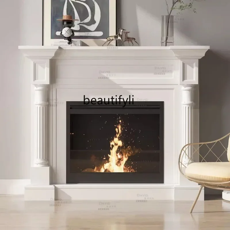 

Modern living room entrance solid wood simulation mantel French Roman column carving wall scene design fireplace decoration
